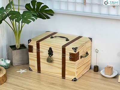 Rương gỗ viền da đinh tán 3 quai [03 Màu - Tặng ổ khóa] KT30x20x18cm RUONG-GO-04